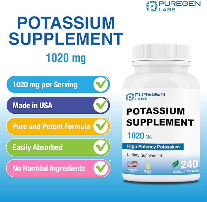 Puregen Labs Potassium Bicarbonate Supplement 1020 mg | Non-GMO | Gluten Free | Made in USA | 240 Vegetarian Capsules