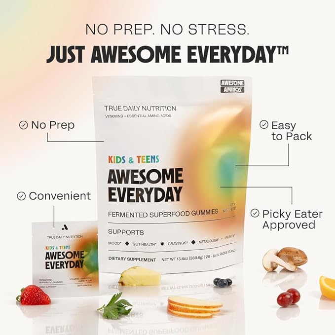 Awesome Everyday Superfood Gummies for Kids & Teens – Multivitamin for Boys & Girls - EAAs, Mushrooms & Adaptogens - Vegan, No Artificial Flavors, Colors or Seed Oils - Ages 2-15 - 28 Count