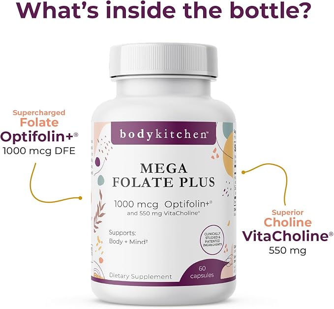 Body Kitchen Mega Folate, 1000mcg Optifolin+, 60 Vegetable Capsules, Vegan, Non-GMO, Brain and Heart Health Support