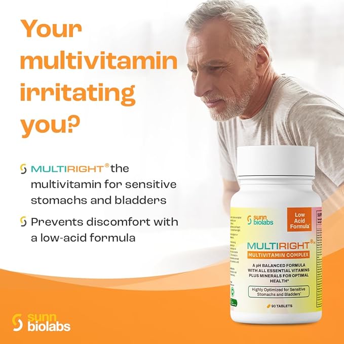 MULTIRIGHT | Low Acid MULTIVITAMIN for Sensitive Stomachs, Bladders or IC | 14 Vitamins & 14 Minerals | Bladder-Friendly, pH Balanced | Easy on Digestion-Less Acidic | Buffered Vitamin C | 90 Tablets