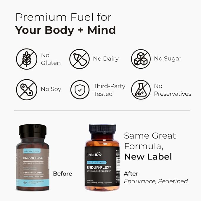 ENDUR-Flex Sustained Release - 500mg Glucosamine & 200mg Chondroitin - 200 Tablets - Antioxidant - Supplement for Back, Knees, Hands