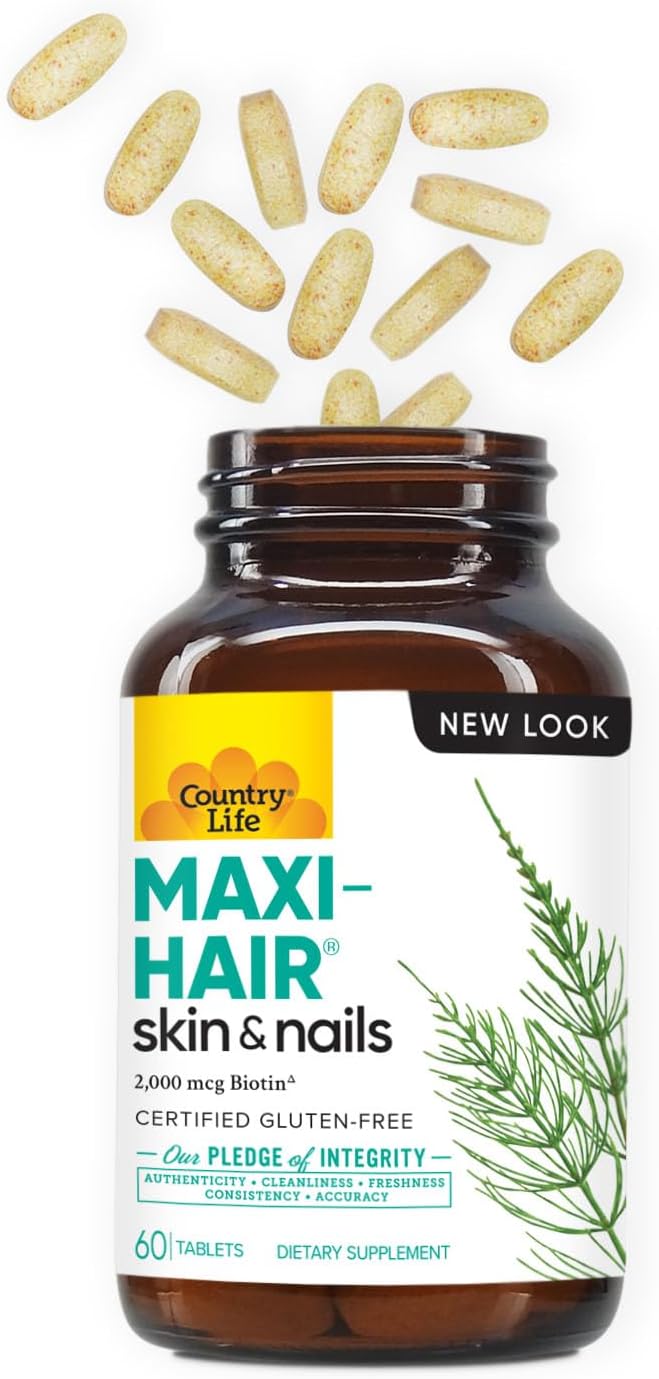 Country Life Maxi-Hair Supplement - 2000mcg Biotin & Vitamins for Hair, Skin & Nails - Certified Gluten-Free & Vegetarian - Supports Hair Growth, 60 Tablets