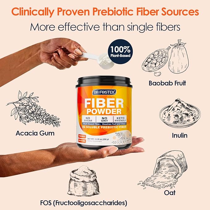 DRFOSTER Prebiotic Fiber Powder Unflavored - Soluble Fiber Supplement with Acacia Fiber & Inulin Powder for Digestive Health and Regularity | 5g Per Scoop, 70 Servings | Gluten & Sugar Free, Vegan