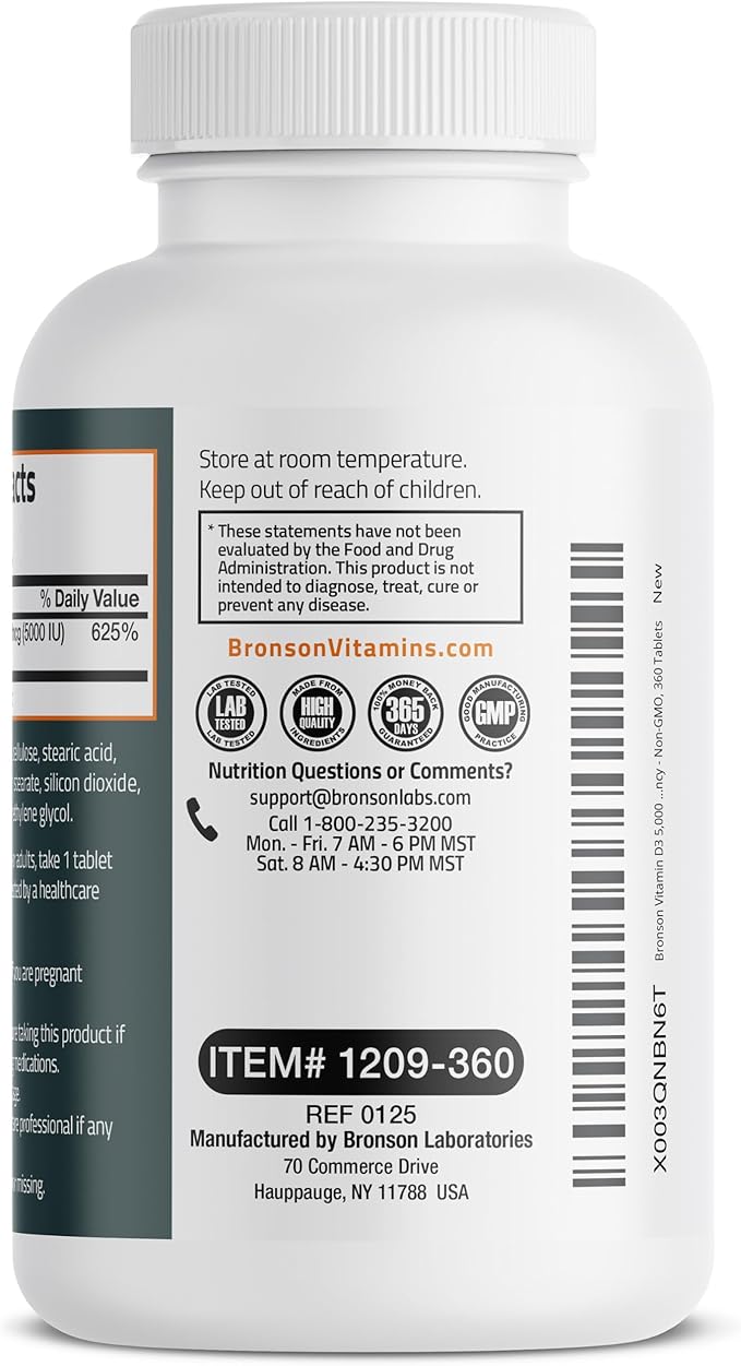 Bronson Vitamin D3 5000iu (125mcg) 1 Year Supply for Healthy Muscle Function and Immune Support, Non-GMO, 360 Tablets