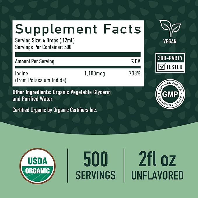 Organic Iodine Liquid for Thyroid Support | Nascent Iodine Supplements | USDA Certified Organic | Decolorized Potassium Iodide Liquid for Thyroid Support | 1100 mcg | 2 Fl Oz, Over 1-Year Supply