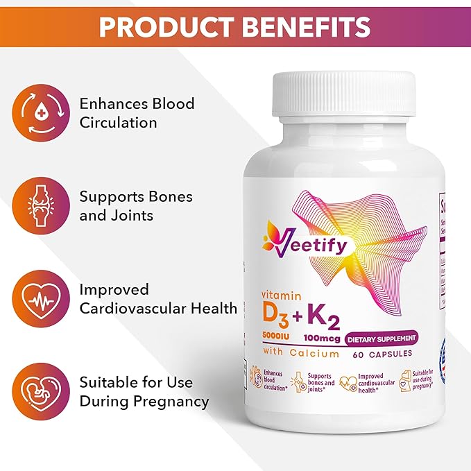Vitamin D3 (5000 IU) and K2 (100 mcg) with Calcium - 60 Veggie Capsules