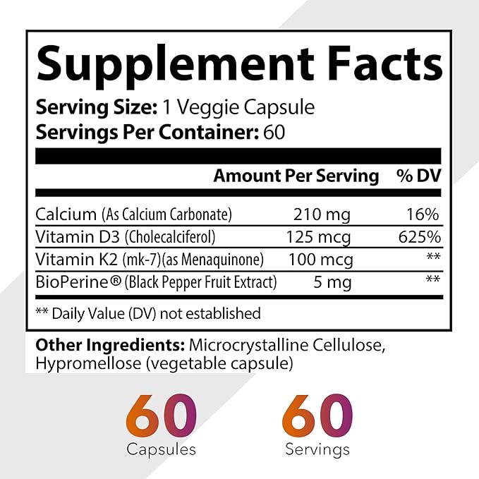 Vitamin D3 (5000 IU) and K2 (100 mcg) with Calcium - 60 Veggie Capsules