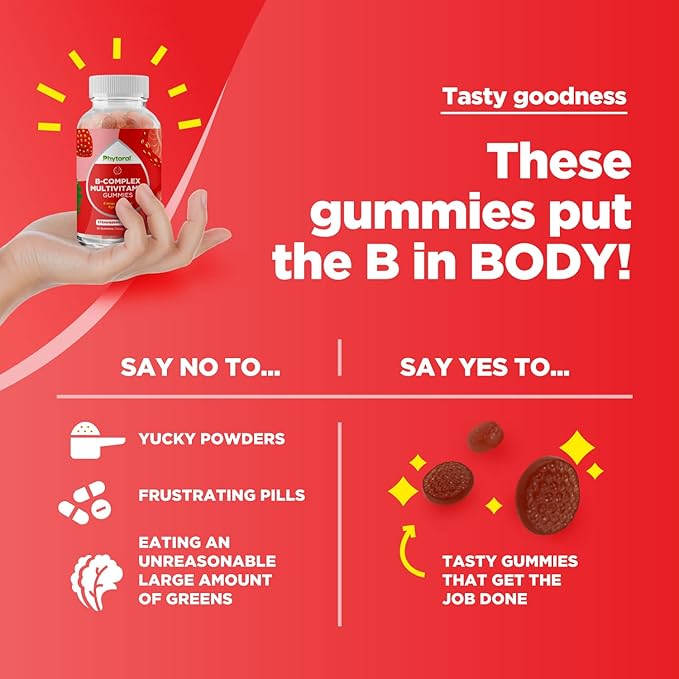 Vitamin B Complex Gummies for Adults & Kids - B Vitamins Complex with Thiamin, Riboflavin, Niacin, 6, 12 and Folate - Blend Supplement for Nervous System Support Energy & High Strength - 60 Gummies