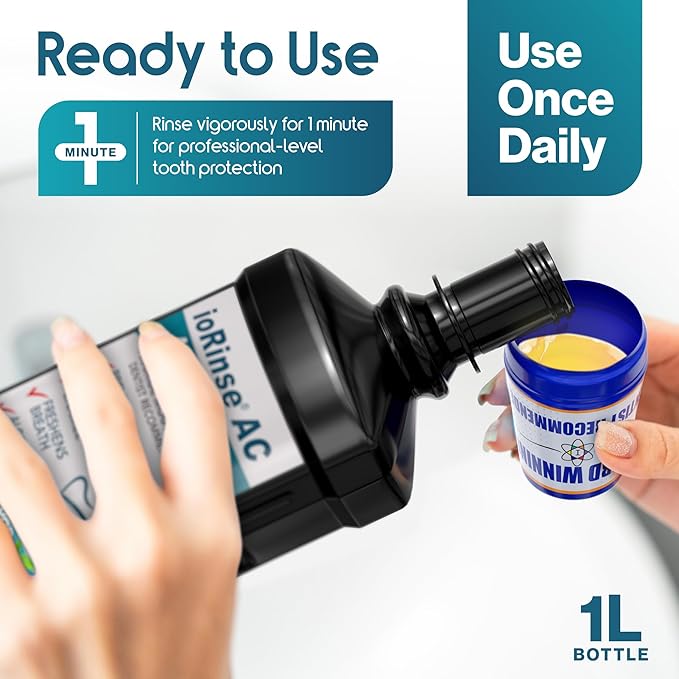ioRinse AC Anticavity Fluoride Mouthwash - Alcohol-Free Molecular Iodine Mouth Wash Fights Tooth Decay & Protects Enamel - Safe Mint Rinse for Sensitive Mouths - Potent Bad Breath Protection