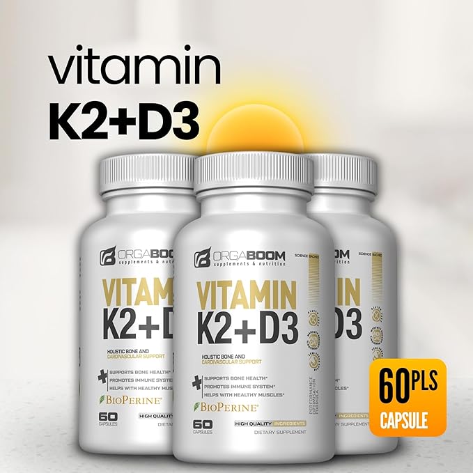 Vitamin D3 K2 Calcium Supplement - Vitamin D 5000 IU + Vitamin K2 MK7 100 mcg, Bone Strength & Heart Health Supplements for Women & Men, D3K2 Teeth Vitamins with Bioperine, US-Made Non-GMO 60 Cap