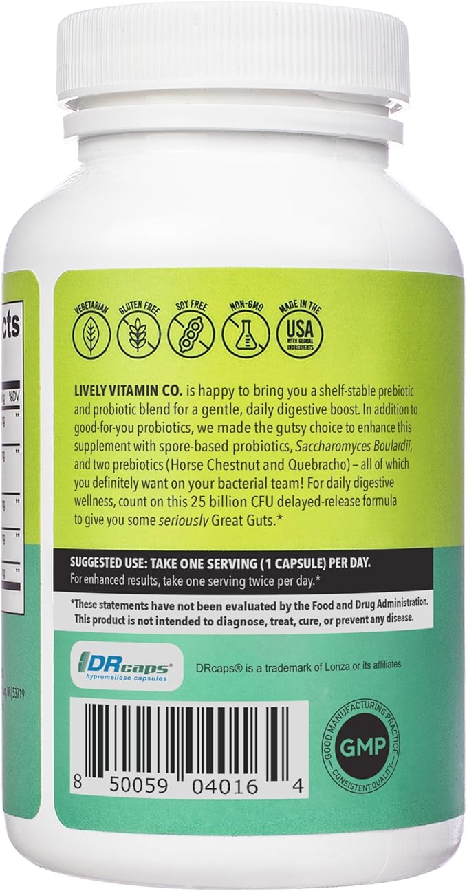 LIVELY VITAMIN CO. Great Guts Probiotic - 25 Billion CFU Probiotic - Balance Gut Microbiome, GI Tract, Inflammation, Indigestion, Reflux, Upset Stomach, & Diarrhea - 90 Caps