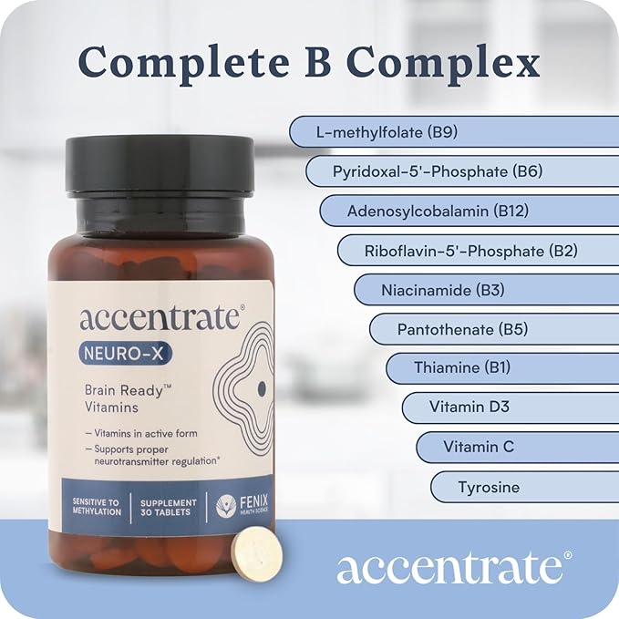 Accentrate Neuro X - Complete Vitamin B Complex | Active Multivitamin w/L-Methylfolate (5-MTHF), Adenosylcobalamin (B12), Pyridoxal-5'-Phosphate (P5P) | Brain Health | MTHFR Supplement | 30 Tablets