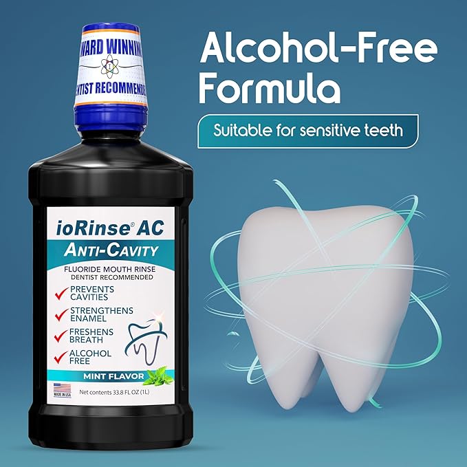 ioRinse AC Anticavity Fluoride Mouthwash - Alcohol-Free Molecular Iodine Mouth Wash Fights Tooth Decay & Protects Enamel - Safe Mint Rinse for Sensitive Mouths - Potent Bad Breath Protection