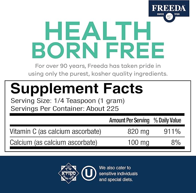 FREEDA Buffered Vitamin C Powder (Calcium Ascorbate) – Non-Acidic, Stomach-Friendly Vitamin C for Sensitive Individuals – Vegan, Kosher, Sugar-Free Immune Support – 8 oz