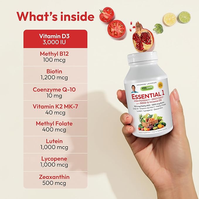 ANDREW LESSMAN Essential-1 Multivitamin 3000 IU Vitamin D3 180 Small Capsules - 100 mcg Methyl B12. CoQ10 Lutein Lycopene Zeaxanthin. High Potency. No Additives. Ultra-Mild. One Daily Capsule