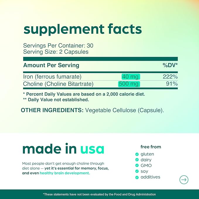 Choline & Iron Prenatal Supplement for women – 500mg Choline + 40mg Iron (Ferrous Fumarate), Choline Supplements for Pregnancy Brain & Memory Support – Cognitive & Metabolic Health, Vegan –30 Servings