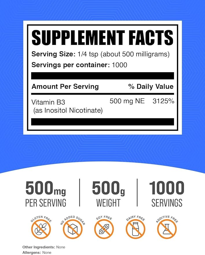 BulkSupplements.com Flush Free Niacin Powder - as Inositol Hexanicotinate, Vitamin B3 Supplement, Niacin 500mg Flush Free - Gluten Free, 500mg of per Serving, 500g (1.1 lbs) (Pack of 1)