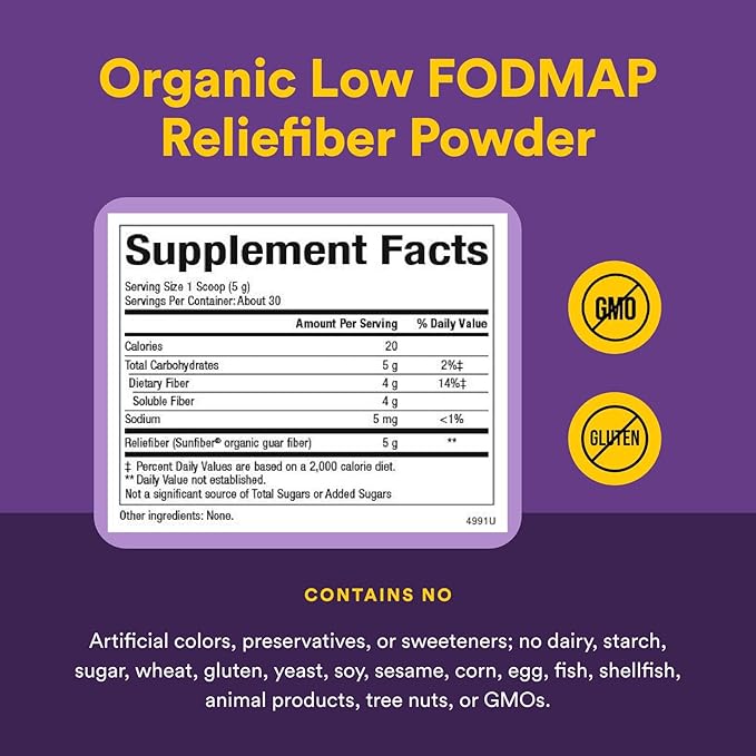 Natural Factors Organic Low FODMAP Reliefiber, Digestive Fiber Powder, Unflavored, 5.3 Oz