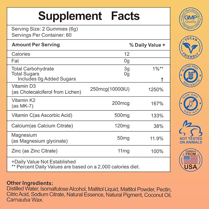 Vitamin D3 K2 Sugar-Free Gummies,Vitamin D3 10000 IU with K2 200mcg,VitaminC,Calcium,Magnesium,Zinc,Support for Bones,Joints,Muscles,Nerves,and Immune System (60, Orange)