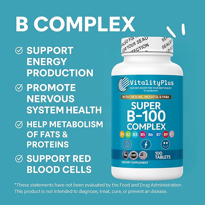 Super B-100 Complex – All B Vitamins Including B12, B1, B2, B3, B5, B6, B7, B9, Folate – High Potency B-Vitamins with Choline, Inositol & PABA – Energy & Metabolism Support – 100 Tablets
