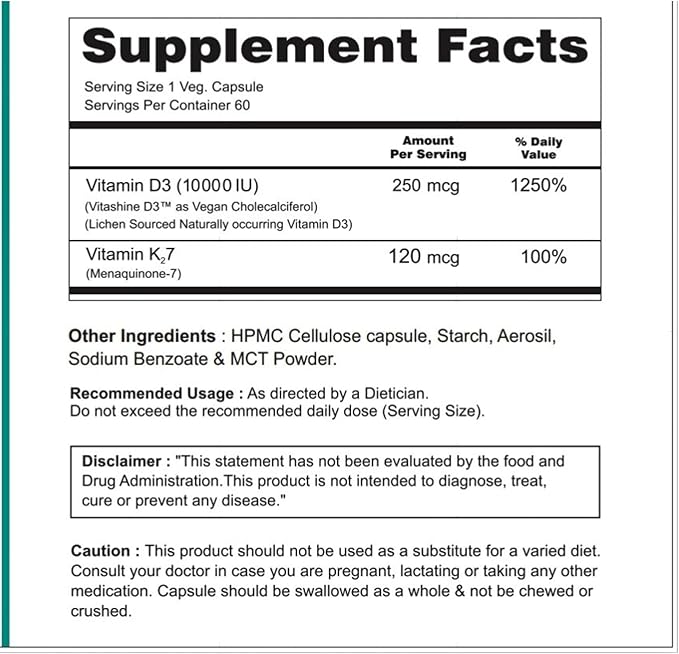 DK | Vegan Vitamin D3 10000 IU, Vitamin K2 120 Mcg with MCT Powder, Vegetarian Vitamin D3 K2 for Women and Men,Lichen Vitamin D3-60 Cap