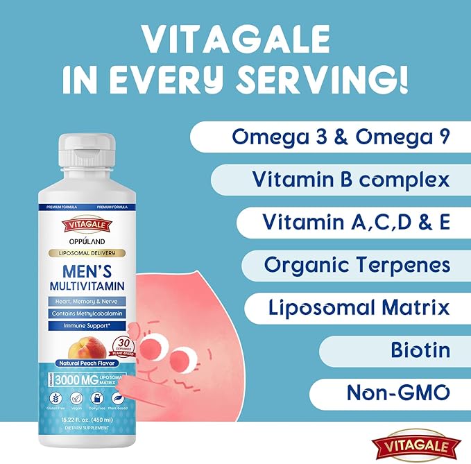 Men's Multivitamin - Liquid Supplement - Liposomal Delivery - Daily Multi Vitamin with Biotin B Complex Omega-3 - Hair & Nail Support Vitamin - Peach Flavor - 3000 mg per Serving - 450 mL