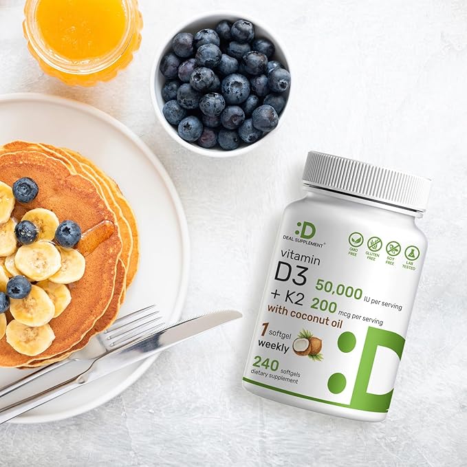 DEAL SUPPLEMENT Vitamin D3 50,000 IU + K2 MK7 200mcg Softgels, 240 Count | 2-in-1 Complex with Virgin Coconut Oil | Supports Heart, Bone, Teeth & Immune Health | Easy to Swallow