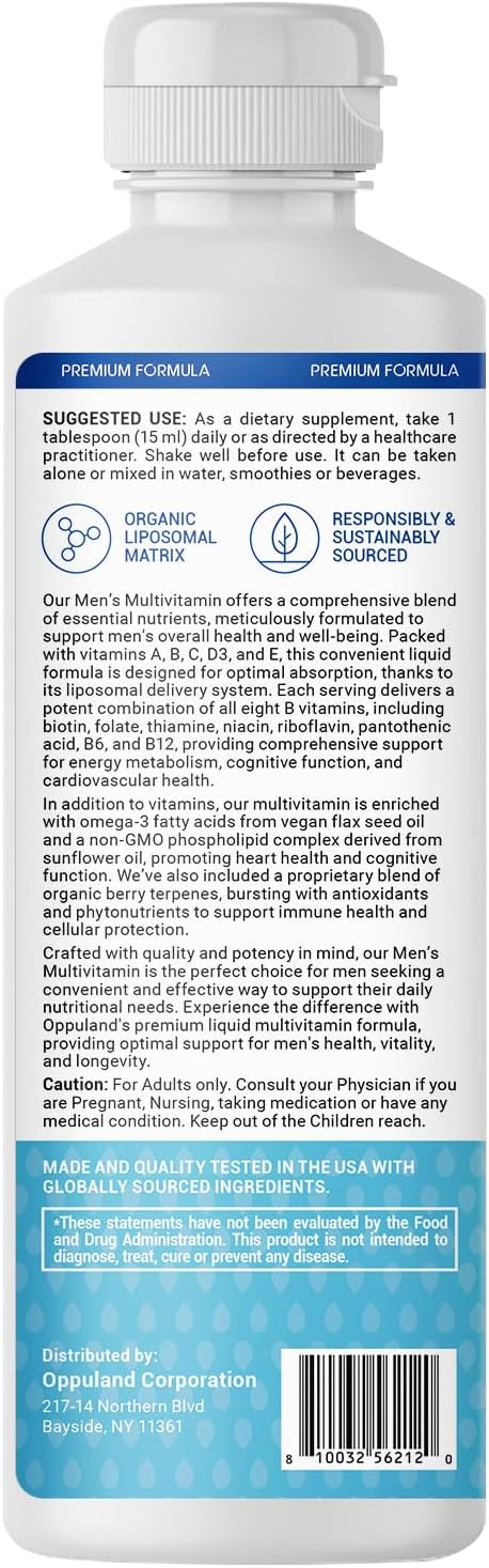 Men's Multivitamin - Liquid Supplement - Liposomal Delivery - Daily Multi Vitamin with Biotin B Complex Omega-3 - Hair & Nail Support Vitamin - Peach Flavor - 3000 mg per Serving - 450 mL