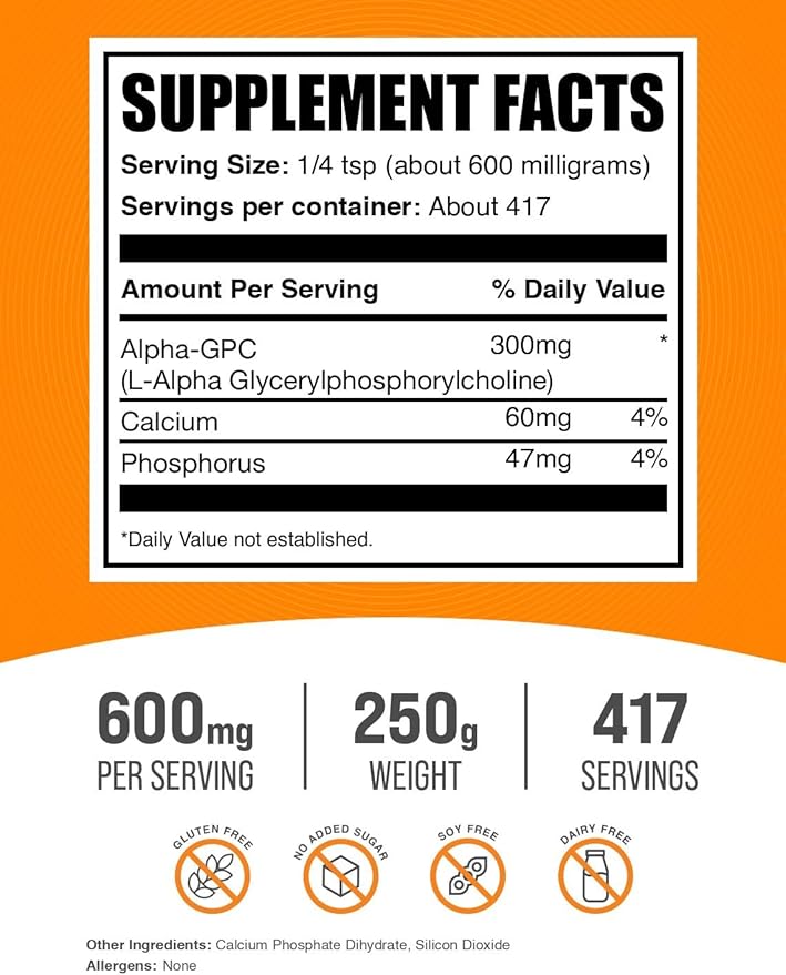 BulkSupplements.com Alpha GPC Powder - Choline Supplements, Alpha GPC 300mg - Unflavored & Gluten Free, 600mg per Serving, 250g (8.8 oz) (Pack of 1)