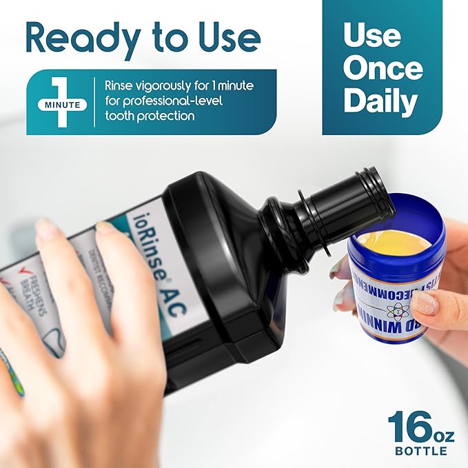 ioRinse AC Anticavity Fluoride Mouthwash - Alcohol-Free Molecular Iodine Mouth Wash Fights Tooth Decay & Protects Enamel - Safe Mint Rinse for Sensitive Mouths - Potent Bad Breath Protection
