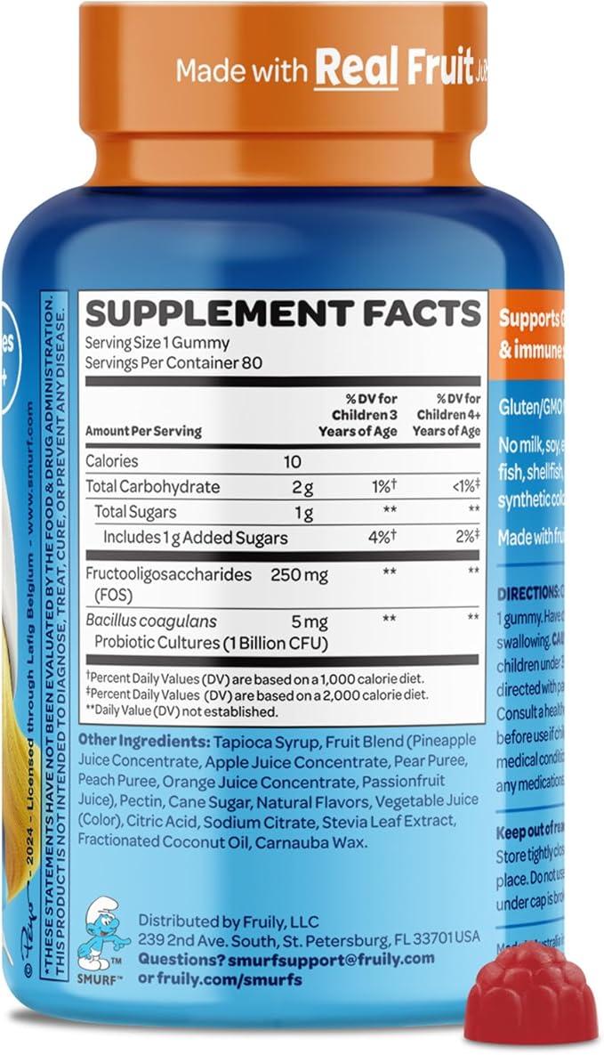 The Smurfs Kids Probiotic Gummies with 1 Billion CFU Probiotics & Prebiotics Chewable Probiotic Kids for Digestive Support, Healthy Gut & Immune Health | Ages 3+ | Made with Real Fruit | 80 Count