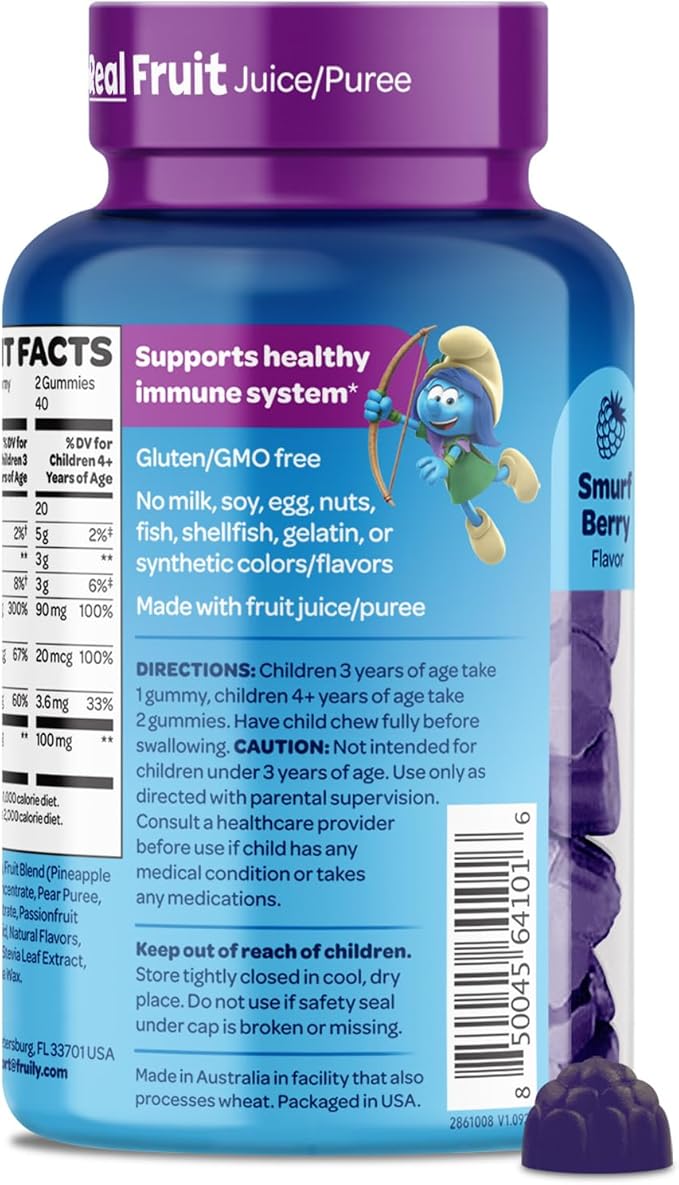 The Smurfs Immune Support Supplement Vitamins for Kids with Elderberry, Zinc, Vitamin C & D for Immune Defense Age 3+ | Made with Real Fruit in a Smurf Berry | Doctor Developed & Non-GMO | 80 Gummies
