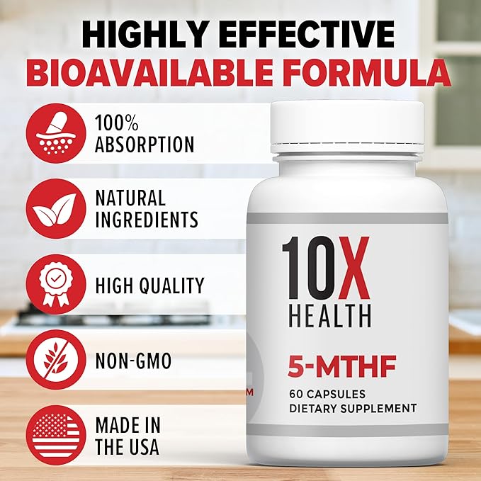 10X Health 5-MTHF Methylfolate - Methylated Folate & Magnesium for Brain, Heart Health, DNA & Neurotransmitter Synthesis - Bioavailable Methyl Folate Supplement - Methylfolate Supplement 60 Capsules