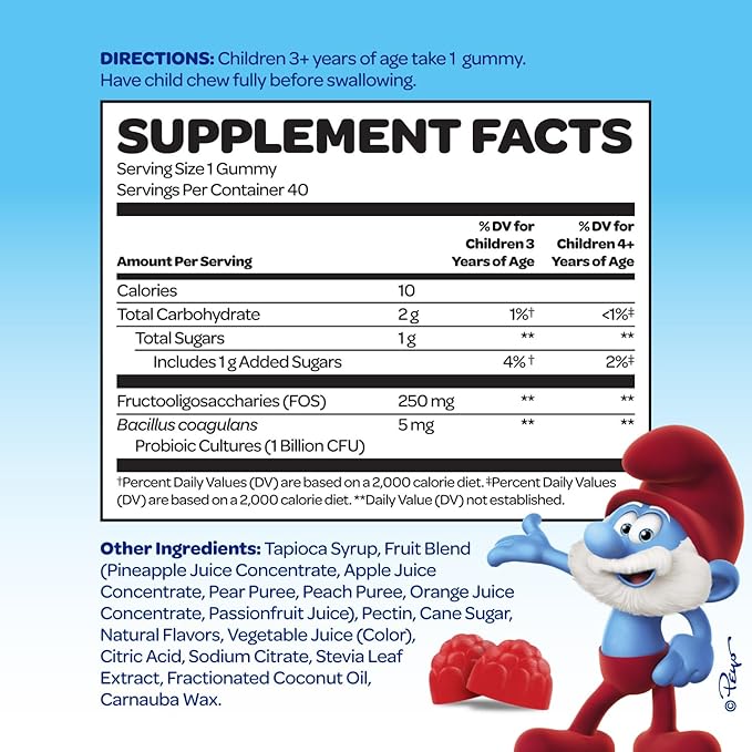Smurfs Pre and Probiotics for Kids Gummies | Kids Probiotics Gummies for Digestion and Immunity | Made with Real Fruit | Doctor Developed | Non-GMO and No Artificial Flavors or Colors | 40 Gummies