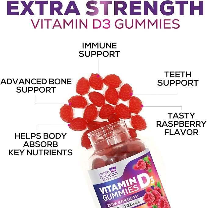 Vitamin D3 Gummies 5000 IU (125 mcg) - Extra Strength Immune Support, Bone, Teeth and Muscle Vitamin D Gummy Dietary Supplement, Nature's Berry D Vitamin Supplement, Raspberry, Non-GMO - 120 Gummies