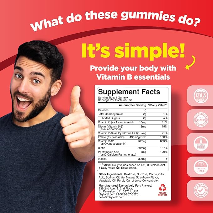 Vitamin B Complex Gummies for Adults & Kids - B Vitamins Complex with Thiamin, Riboflavin, Niacin, 6, 12 and Folate - Blend Supplement for Nervous System Support Energy & High Strength - 60 Gummies
