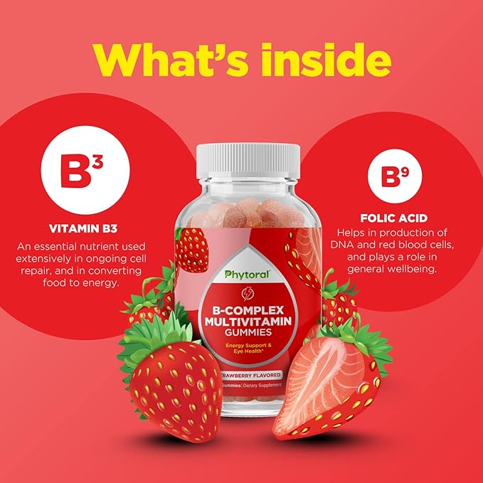 Vitamin B Complex Gummies for Adults & Kids - B Vitamins Complex with Thiamin, Riboflavin, Niacin, 6, 12 and Folate - Blend Supplement for Nervous System Support Energy & High Strength - 60 Gummies
