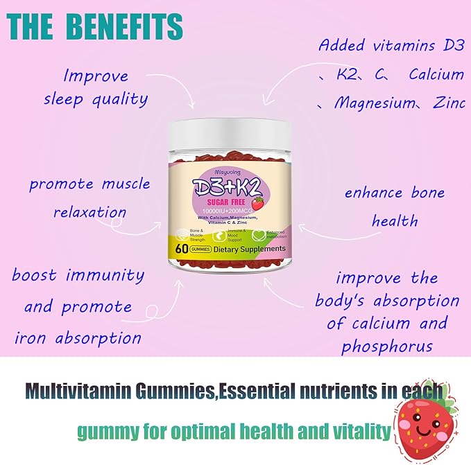 Vitamin D3 K2 Sugar-Free Gummies,Vitamin D3 10000 IU with K2 200mcg,VitaminC,Calcium,Magnesium,Zinc,Support for Bones,Joints,Muscles,Nerves,and Immune System (60, Strawberry)