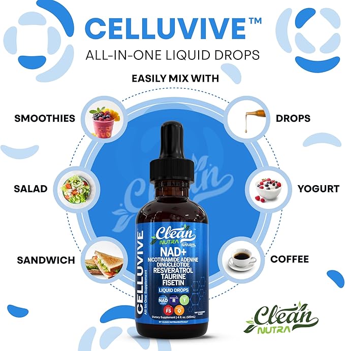 Clean Nutra NAD Liquid Supplement Drops Resveratrol Polyphenols Liposomal Taurine Fisetin Grape Seed Extract Japanese Knotweed Fo Ti Anti Aging NAD+ Nicotinamide Adenine Dinucleotide for Women & Men