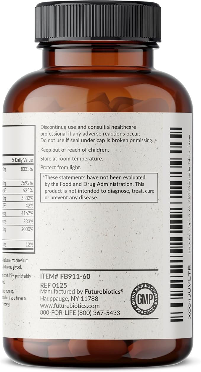 Futurebiotics Super B 100 Sustained Release Vitamin B Complex Non-GMO, 60 Vegetarian Tablets