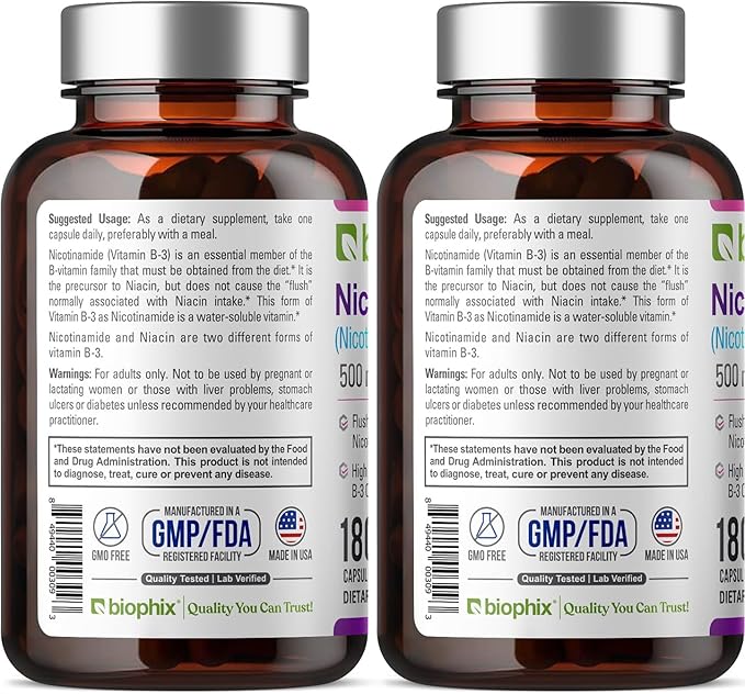 biophix B-3 Nicotinamide 500 mg 180 Caps 2 Pack - Nicotinic Amide Niacin Natural Flush-Free Vitamin Formula - Supports Skin Cell Health