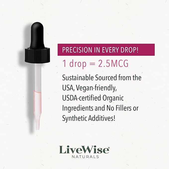 LiveWise Naturals Vitamin B12 Liquid Drops for Kids | Toddlers and Children I Methylcobalamin and Adenosylcobalamin | USDA Organic I Vegan | Non-GMO | Gluten Free | Low Dose