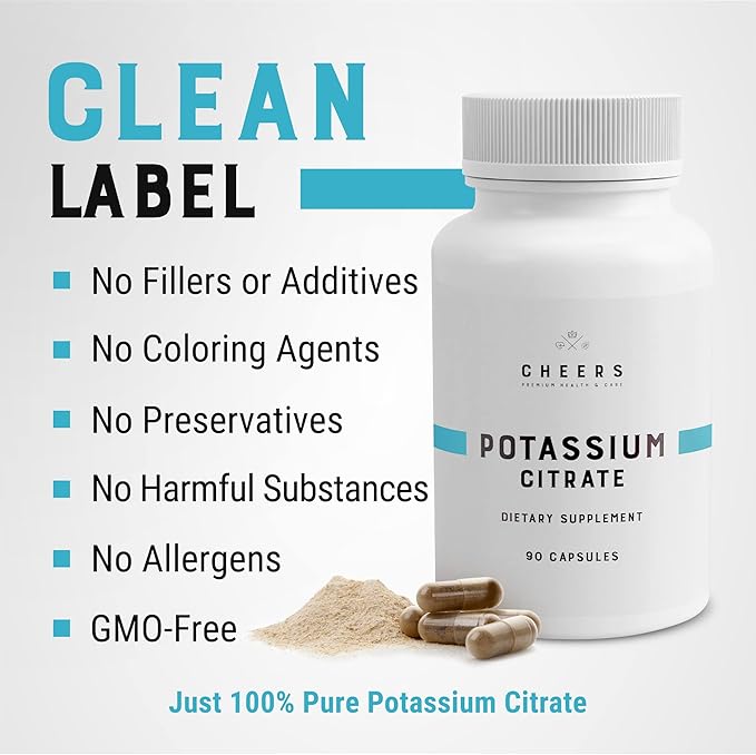 Cheers Potassium Citrate Supplement | 316mg Per Capsule | 20% Daily Value | Supports Muscle, Nerve & Heart Function | High Absorption Electrolyte for Potassium Deficiency | 90 Vegan Capsules