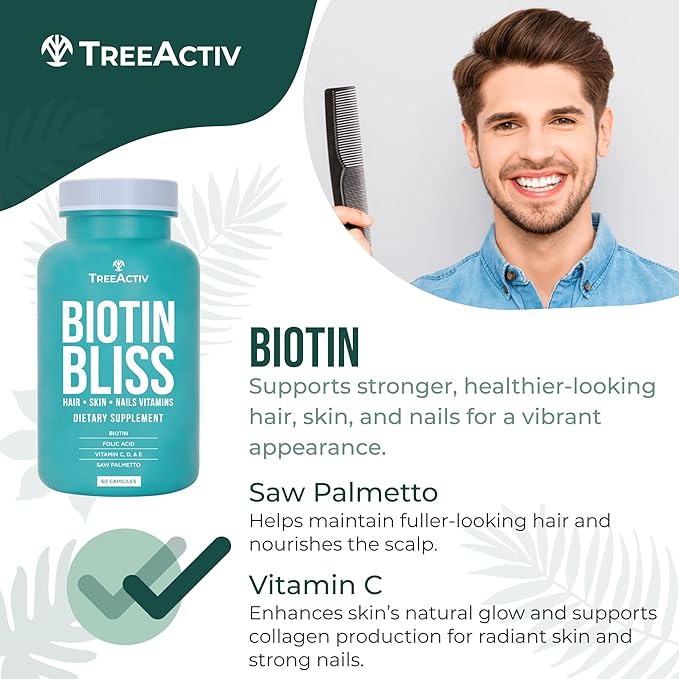 Biotin Bliss Skin Hair Nails Vitamins + Saw Palmetto Supplement Volumizer & Thickening Formula for Men Women Folate MSM B Complex for Hair Growth & Strength 60 Capsules 30-Day Supply