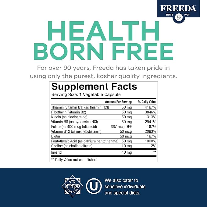 FREEDA High Potency Super B-Complex – B1, B2, B3, B5, B6, Biotin, Folic Acid & B12 – Energy, Mood & Nervous System Support – Vegan, Kosher, Gluten-Free – 250 Capsules