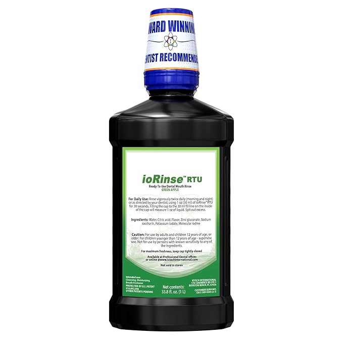 ioRinse Ready-to-Use (RTU) Mouthwash for Fresher Breath, Halitosis Relief, Alcohol-Free, Fluoride-Free and a Professional Clean, Original ioRinse RTU Mouth Wash, Zero Alcohol - Green Apple Flavor, 1L