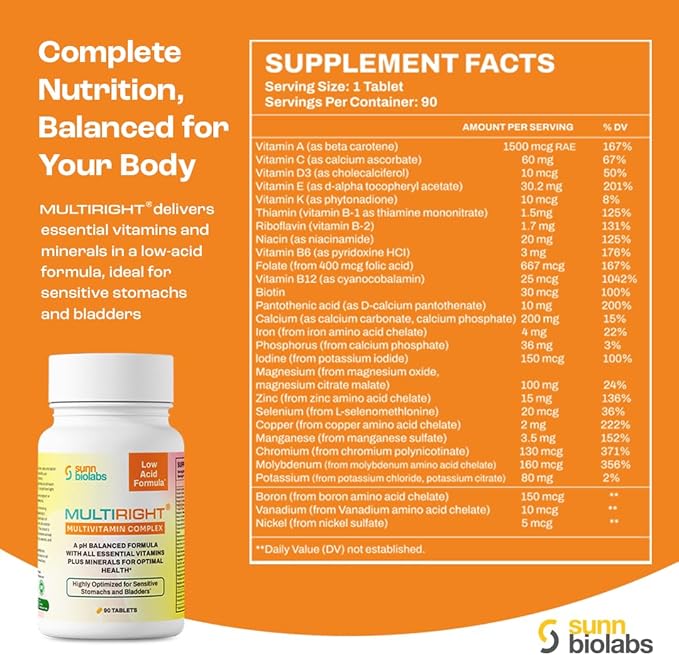 MULTIRIGHT | Low Acid MULTIVITAMIN for Sensitive Stomachs, Bladders or IC | 14 Vitamins & 14 Minerals | Bladder-Friendly, pH Balanced | Easy on Digestion-Less Acidic | Buffered Vitamin C | 90 Tablets