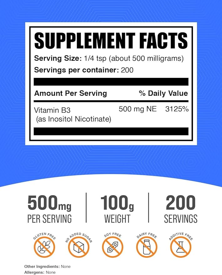 BulkSupplements.com Flush Free Niacin Powder - as Inositol Hexanicotinate, Vitamin B3 Supplement, Niacin 500mg Flush Free - Gluten Free, 500mg of per Serving, 100g (3.5 oz) (Pack of 1)