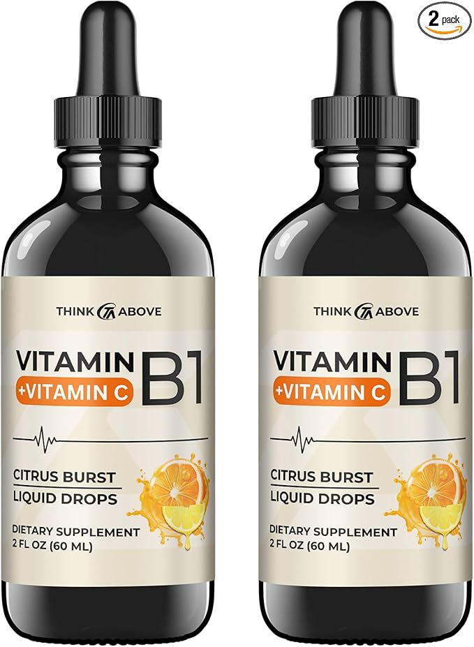 Vitamin B1 + Vitamin C Liquid Drops - Energy & Immune Support Supplement - 2 fl oz (60 ml) Pack of 2 - Fast Absorption, Easy-to-Use