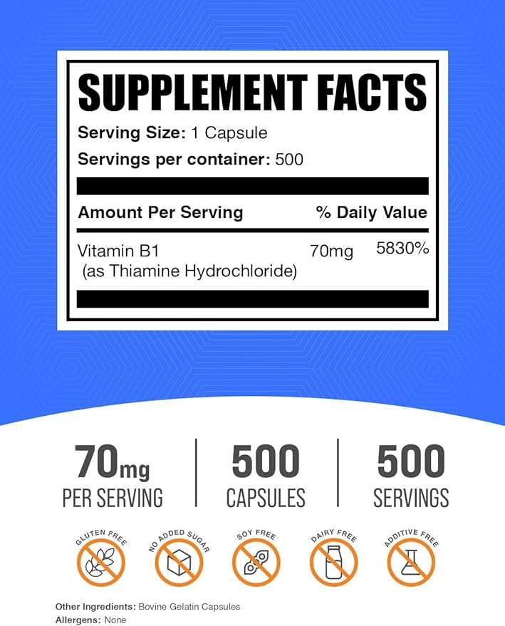 BulkSupplements.com Thiamine HCl Capsules - Thiamine Hydrochloride, Vitamin B1 Supplements - Gluten Free, 1 Capsule per Serving, 500 Count (Pack of 1)